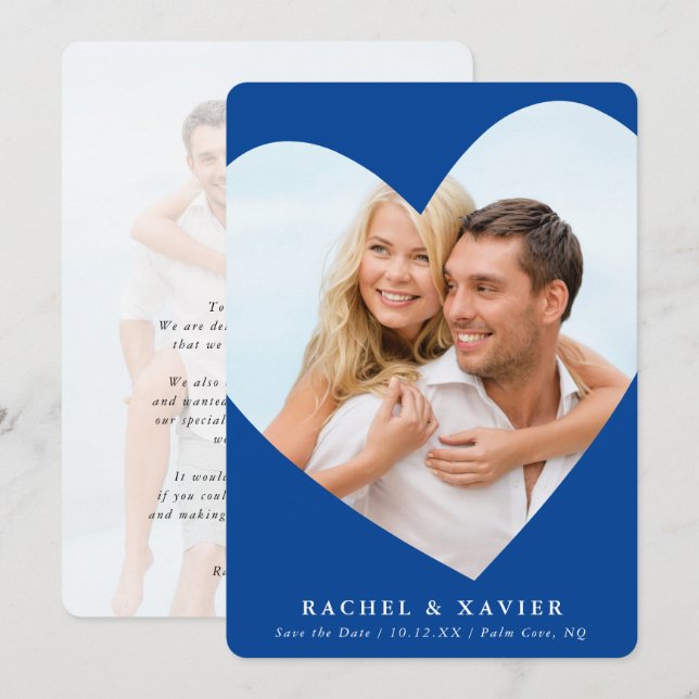 SAVE THE DATE modern photo heart frame royal blue Invitation (Front/Back)