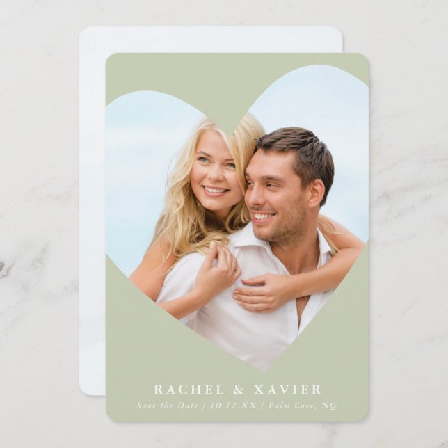 SAVE THE DATE modern photo heart frame sage green Invitation (Front/Back)