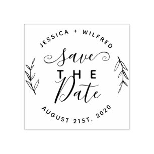 Save The Date Modern Round Wreath & Rustic Script Rubber Stamp