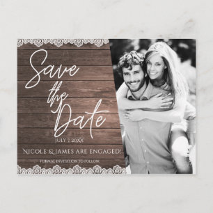 Save the Date Modern Rustic Wood & Lace Photo Announcement Postcard
