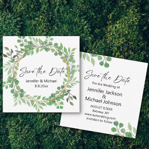 save the date modern script greenery wreath card