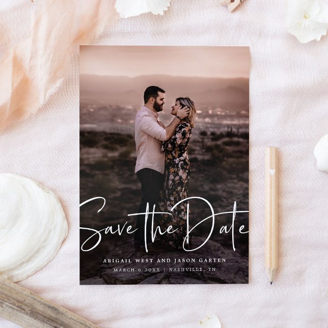 Save the Date Modern Script Photo (modern script save the date photo card)
