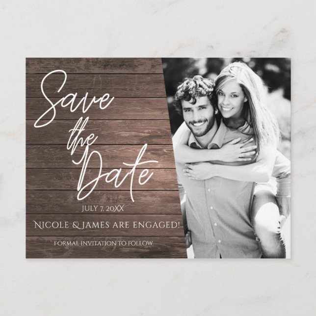 Save the Date Modern Script Rustic Wood Photo Announcement Postcard (Front)