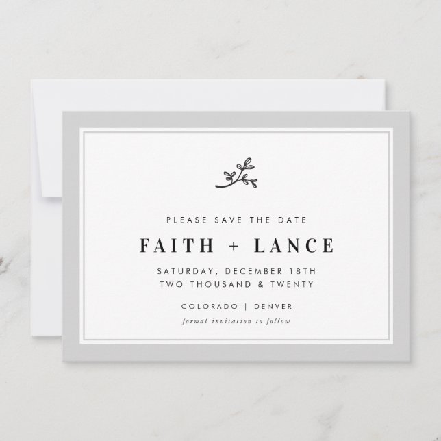SAVE THE DATE modern sprig simple border cool grey Invitation (Front)
