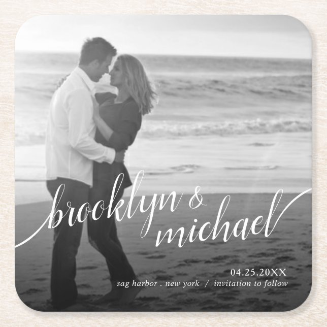 Save the Date Modern Swash Script Announcement Square Paper Coaster (Front)