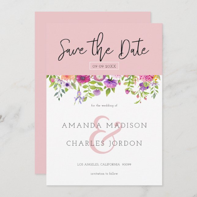 Save the date modern typography & Colourful flower Invitation (Front/Back)
