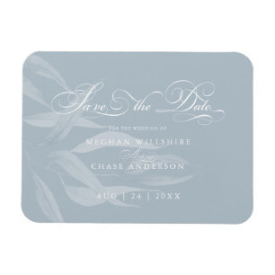 Save the Date Modern White Foliage on Dusty Blue Magnet