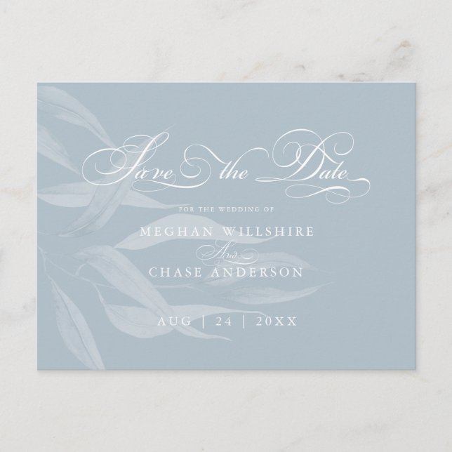 Save the Date Modern White Foliage on Dusty Blue Postcard (Front)