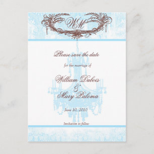 Save the Date Monogram Aqua Chandelier and Damask Announcement Postcard