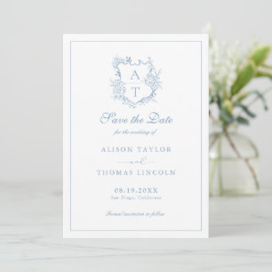 Save The Date Monogram Crest Dusty Blue Card