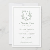 Save The Date Monogram Crest Sage Green Card