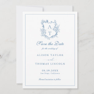 Save The Date Monogram Crest Vibrant Blue Card