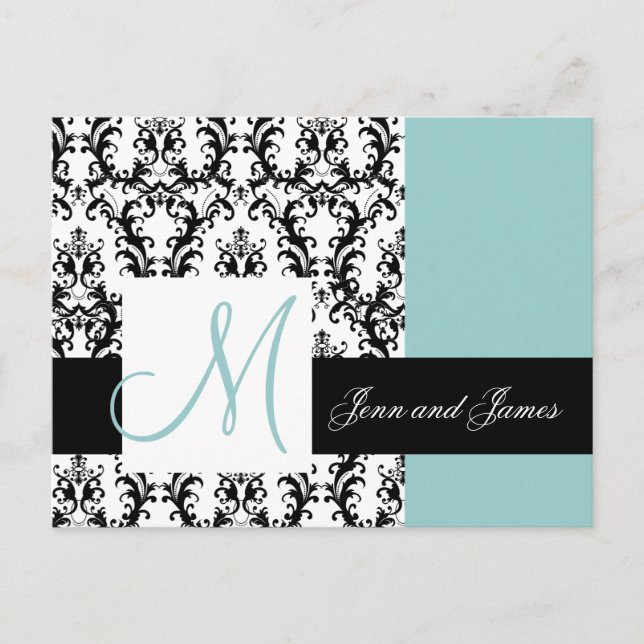 Save the Date Monogram Damask Wedding Blue Announcement Postcard (Front)