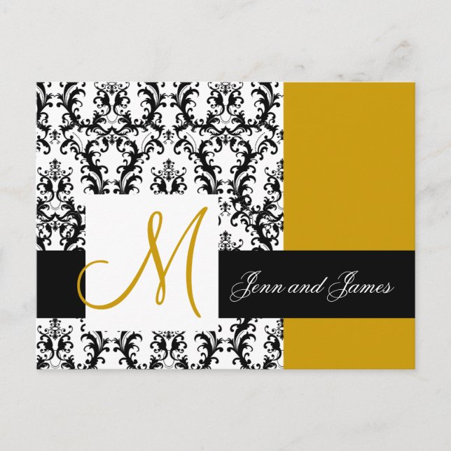 Save the Date Monogram Damask Wedding Gold Announcement Postcard (Front)