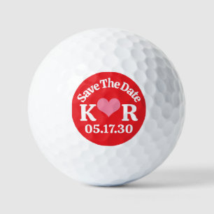 SAVE THE DATE Monogram Pink Heart & Red Background Golf Balls