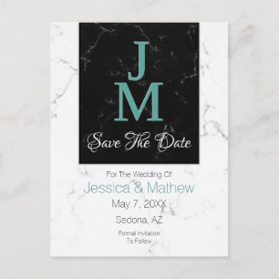 Save The Date, Monogram White & Black Marble, DIY Announcement Postcard