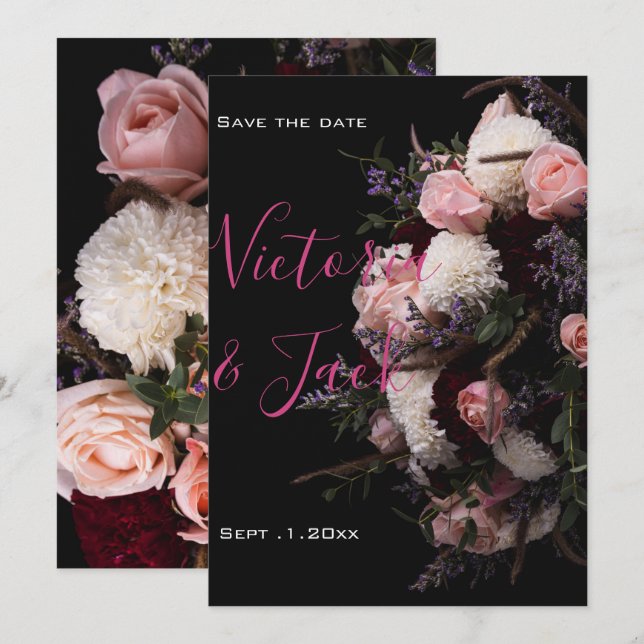 save the date moody floral, burgundy white floral  invitation (Front/Back)