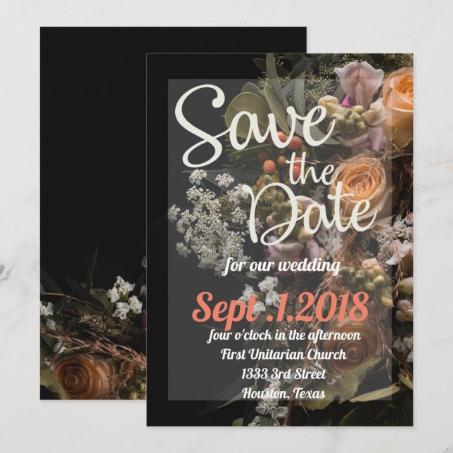 save the date moody floral,  orange white floral   invitation (Front/Back)