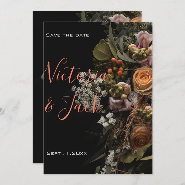 save the date moody floral ,orange  white floral invitation (Front/Back)