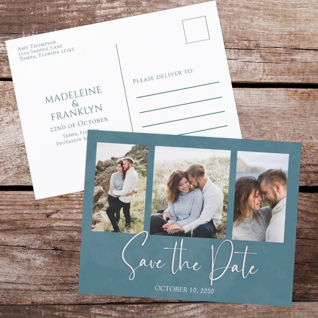 Save the Date Multi Photo Simple Blue Calligraphy  Postcard (Creator Uploaded)