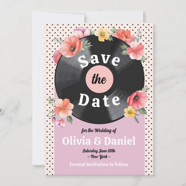 Save The Date Music Record Wedding Floral 1950s  (Front)