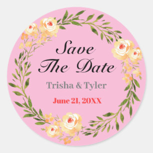 Save The Date, Names & Date Yellow Flowers Lt Pink Classic Round Sticker