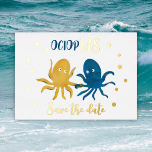 Save the date navy and gold beach funny octopus
