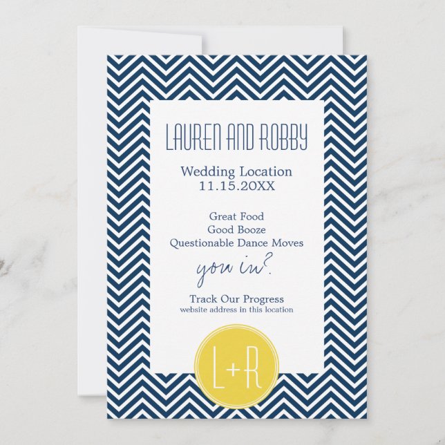 Save the Date Navy Blue and Yellow Chevrons (Front)