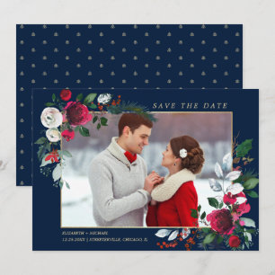 Save the Date. Navy Blue Burgundy Wedding Photo Invitation