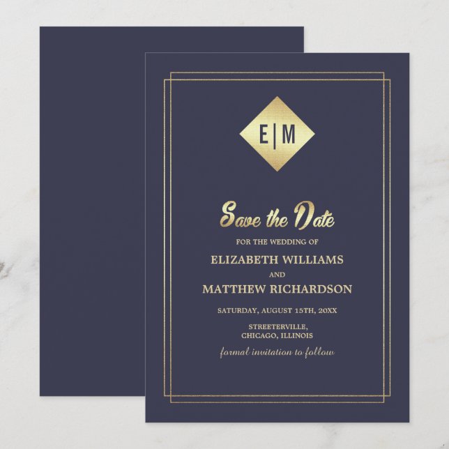 Save the Date. Navy Blue Gold Wedding Invitation (Front/Back)