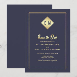 Save the Date. Navy Blue Gold Wedding Invitation