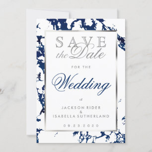 Save the Date Navy Blue Marble, Silver & White
