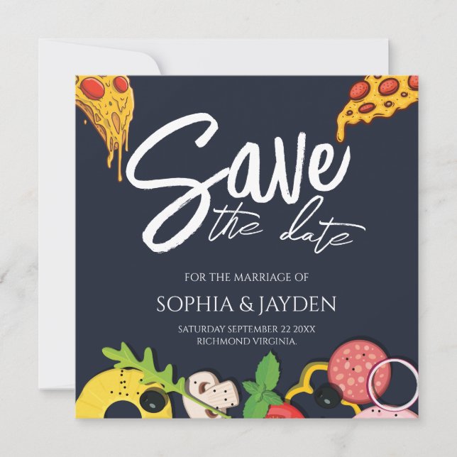 Save The Date Navy Blue PIZZA Modern Chic (Front)