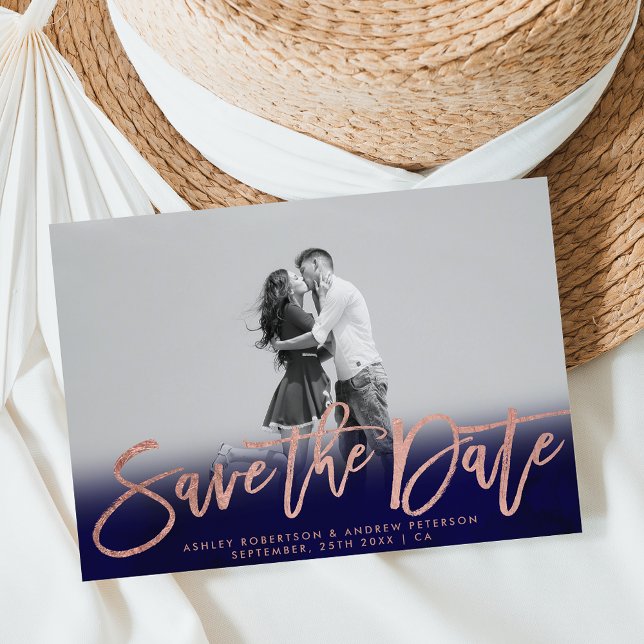 Save the Date navy blue rose gold photo Announcement Postcard (Creator Uploaded)