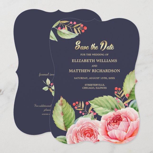 Save the Date. Navy Blue Watrecolor Floral Card (Front/Back)