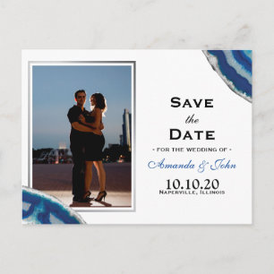 Save the Date   Navy Blue Wedding Silver Agate Announcement Postcard