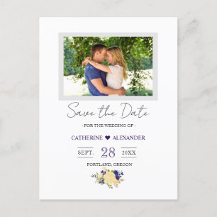 Save the Date - Navy Blue Yellow Floral Photo Postcard