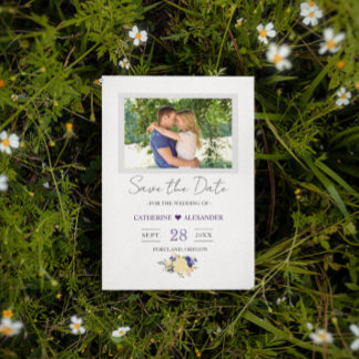 Save the Date - Navy Blue Yellow Floral Photo Postcard