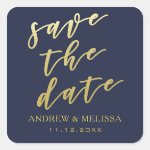 Save the Date Navy & Gold Script Wedding Sticker