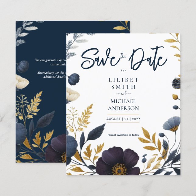 Save the Date Navy Yellow Gold Floral Elegant (Front/Back)