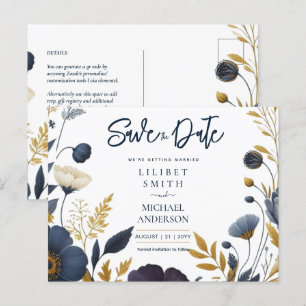 Save the Date Navy Yellow Gold Floral Elegant Postcard