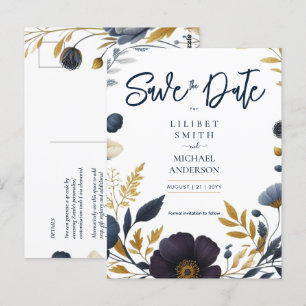 Save the Date Navy Yellow Gold Floral Elegant Postcard