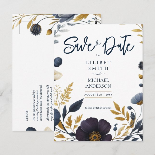 Save the Date Navy Yellow Gold Floral Elegant Postcard (Front/Back)