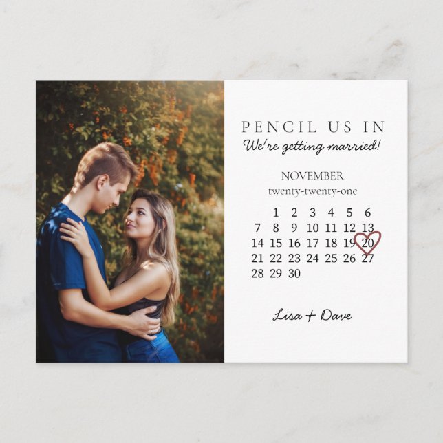 Save the Date Nov 2021 Month Calendar Pink Heart Postcard (Front)