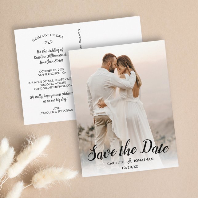 Save the Date One Large Photo Pretty Text Overlay Postcard (Creator Uploaded)