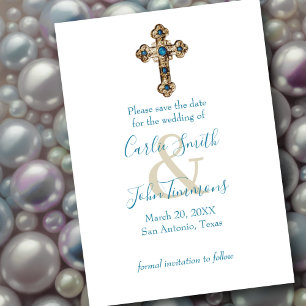 Save the Date Ornate Jeweled Gold Cross Blue