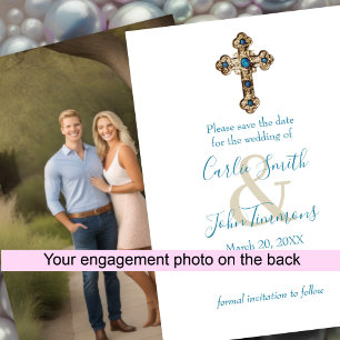 Save the Date Ornate Jeweled Gold Cross Blue Photo