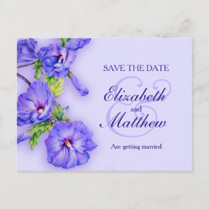 Save the Date painted purple blue hibiscus Announcement Postcard