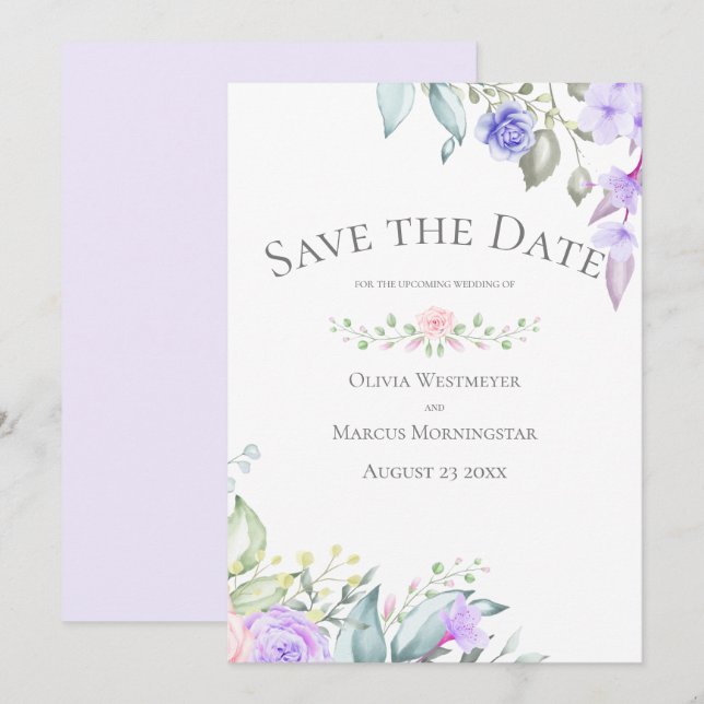 Save the Date Pale Lilac and Pink Flowers Invitation (Front/Back)
