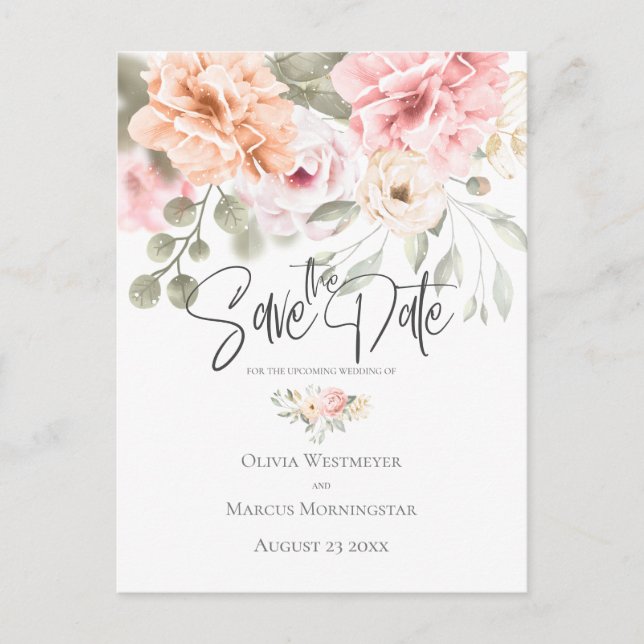 Save the Date Pale Pink Cottage Peonies Postcard (Front)